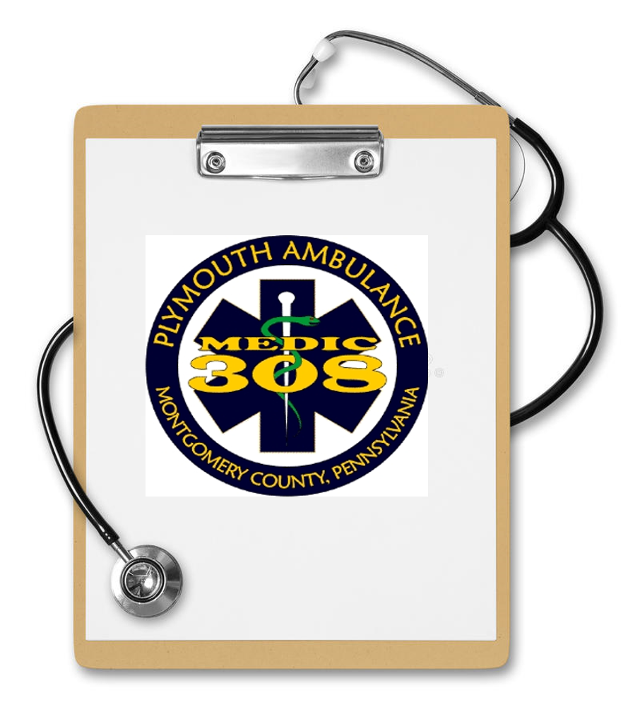 A stethoscope rests on a clipboard featuring the Plymouth Ambulance Medic 308 logo from Montgomery County, Pennsylvania. The logo includes a blue and yellow star with a medical staff and the number 308.