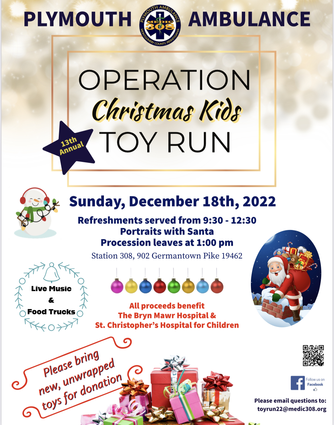 Poster for the Plymouth Ambulance “Operation Christmas Kids Toy Run” on December 18, 2022, with event details, donation info, images of gifts, and graphics of Santa, food, music, and hospital beneficiaries.