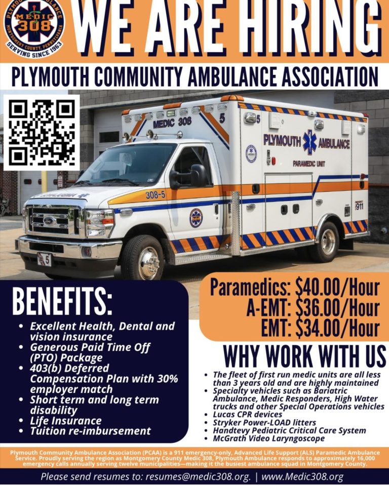 A "We Are Hiring" flyer for Plymouth Community Ambulance Association featuring an ambulance. Benefits and hourly pay rates for paramedics, A-EMTs, and EMTs are listed, along with reasons to work for the organization.