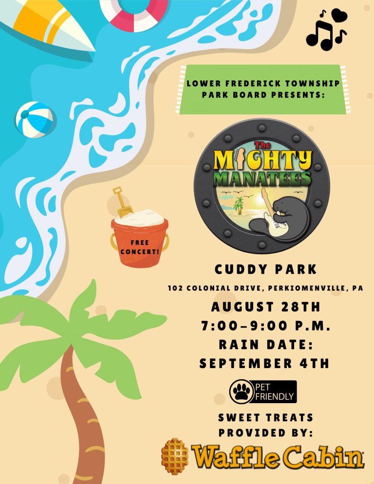 Colorful flyer for a free concert by The Mighty Manatees at Cuddy Park, Perkiomenville, PA on August 28th, 7-9 p.m.; pet friendly, with sweet treats from Waffle Cabin. Rain date: September 4th.