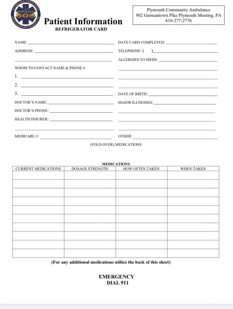 A patient information form from Plymouth Community Ambulance with fields for name, address, contact, medical details, and a table for listing medications, dosages, and instructions. Emergency contact: dial 911.