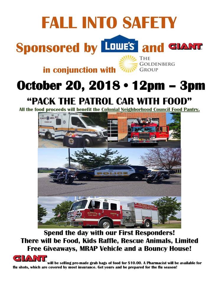 Event flyer for "FALL INTO SAFETY" on October 20, 2018, 12–3pm, sponsored by Lowe’s, Giant, and The Goldenberg Group. Includes images of emergency vehicles and announces food drive, raffles, giveaways, and kids’ activities.