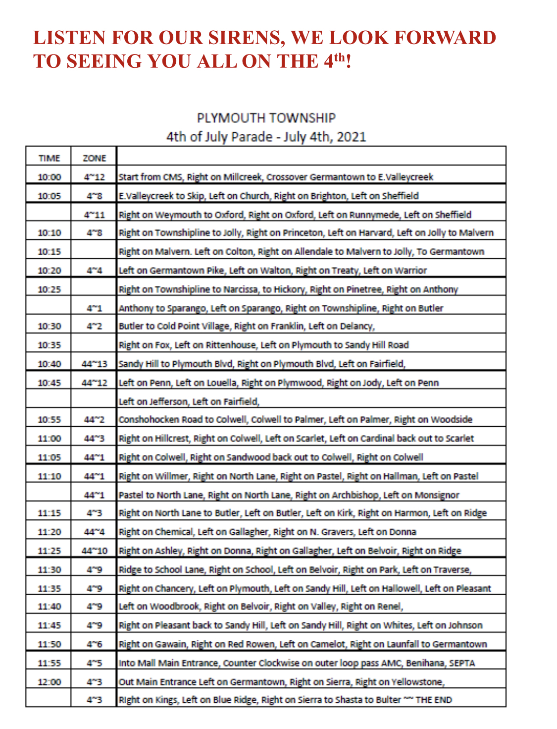 A schedule for Plymouth Township’s 4th of July Parade in 2021, listing parade times, zones, and detailed route instructions. Red text at top reads: “LISTEN FOR OUR SIRENS, WE LOOK FORWARD TO SEEING YOU ALL ON THE 4th!”.