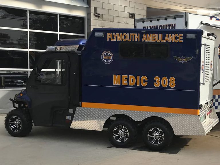 A small, blue Plymouth Ambulance vehicle labeled "MEDIC 308," parked outside a building with reflective windows and a brick wall. The vehicle has six wheels and emergency decals on the side.