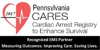 Logo for Pennsylvania CARES, Cardiac Arrest Registry to Enhance Survival, featuring a heart with "2017" and a heartbeat line. Text below reads: Recognized EMS Partner. Measuring Outcomes. Improving Care. Saving Lives.