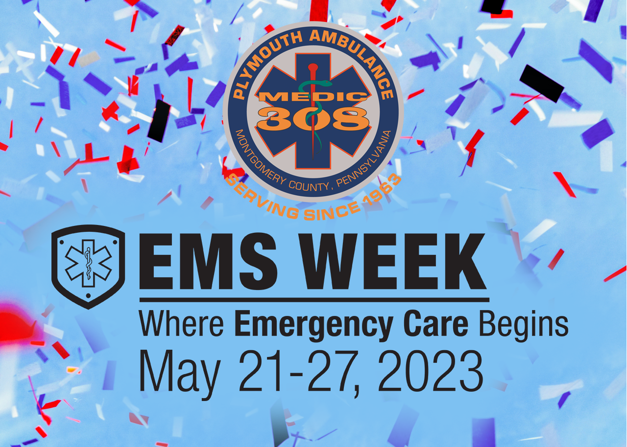 Confetti falls around the Plymouth Ambulance logo. Below, large text reads "EMS WEEK Where Emergency Care Begins May 21-27, 2023" with a medical star of life symbol on the left.