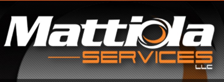 The logo for Mattiola Services LLC features bold white text for "Mattiola" with an orange and black circular design inside the "o." "Services" is written in orange block letters below, with "LLC" in small white letters.
