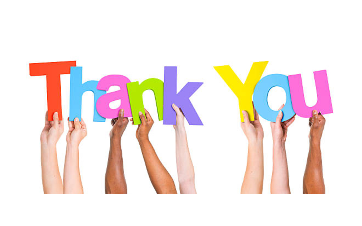 A diverse group of hands holds up colorful letters that spell "Thank You" against a white background.