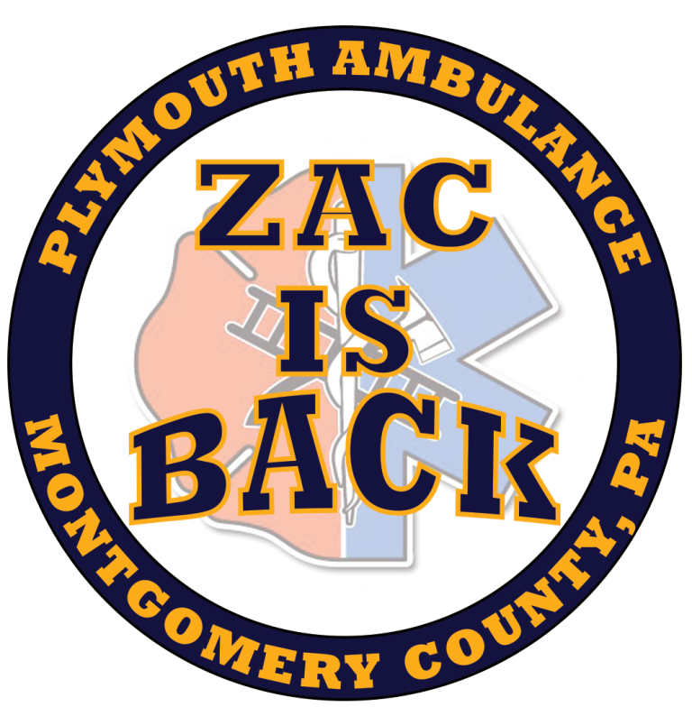 Circular logo with the text “Zac is Back” in large yellow and blue letters. The outer ring reads “Plymouth Ambulance Montgomery County, PA.” A faded ambulance star and medical symbol appear in the background.