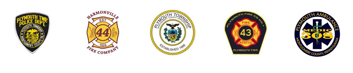 Five circular and shield-shaped badges: Plymouth Twp. Police Dept., Harmonville Fire Company, Plymouth Township seal, Plymouth Fire Co. No. 1, and Plymouth Ambulance Medic 308.