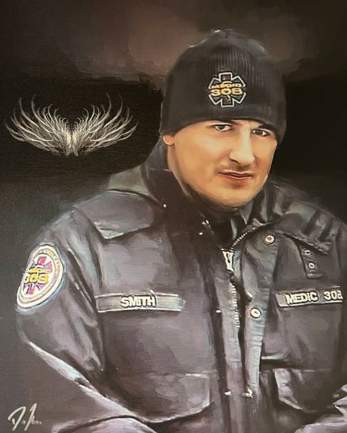 A person in a dark winter uniform with a hat labeled "308" and a jacket reading "Smith" and "Medic 308" poses in front of a dark background with a feather-like design above the left shoulder.