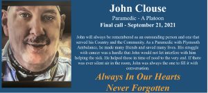 Portrait of John Clouse smiling, in uniform, with tribute text honoring his service as a paramedic and his lasting impact, set against a blue background. Text emphasizes he will always be remembered and never forgotten.