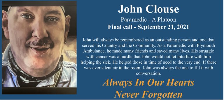 Portrait of John Clouse smiling, in uniform, with tribute text honoring his service as a paramedic and his lasting impact, set against a blue background. Text emphasizes he will always be remembered and never forgotten.