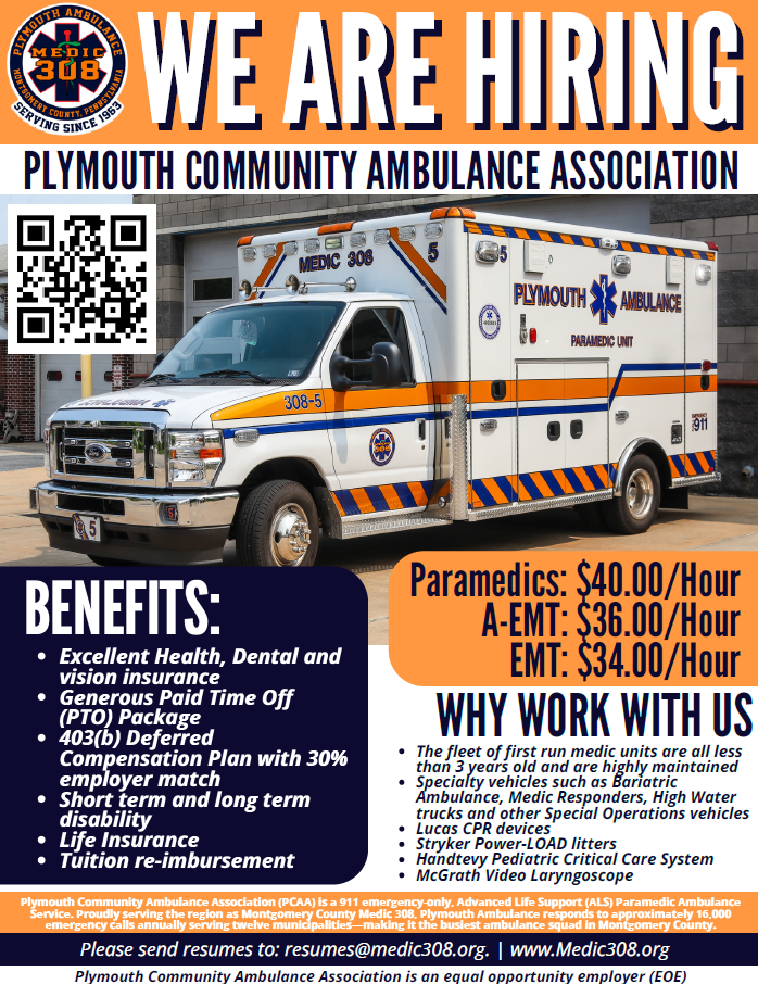 A hiring flyer for Plymouth Community Ambulance Association featuring a parked ambulance. Lists pay rates for paramedics, A-EMTs, and EMTs, benefits, and reasons to work with them, plus contact and application details.