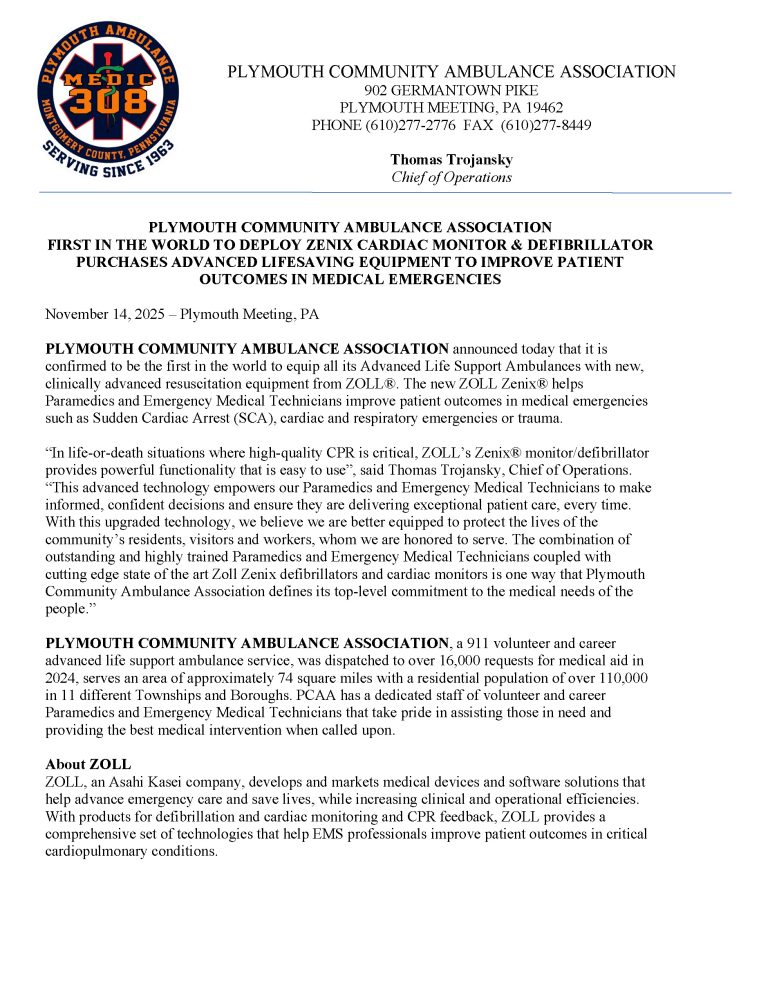 A press release from Plymouth Community Ambulance Association announces their deployment of ZOLL’s ZOLL X Series® Monitor/Defibrillator, highlighting its benefits for sudden cardiac events. The release includes text and association logos.